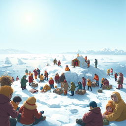 A small, icy cold island scene filled with a diverse group of people working together harmoniously, helping each other in various activities like building shelters, gathering food, and sharing warmth