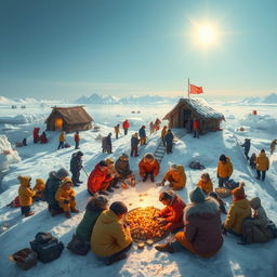 A small, icy cold island scene filled with a diverse group of people working together harmoniously, helping each other in various activities like building shelters, gathering food, and sharing warmth