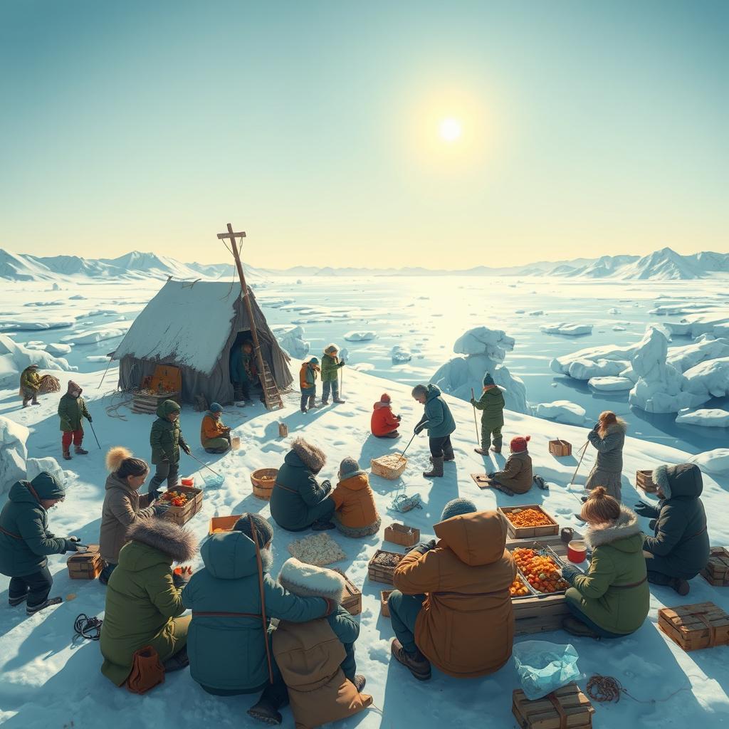 A small, icy cold island scene filled with a diverse group of people working together harmoniously, helping each other in various activities like building shelters, gathering food, and sharing warmth