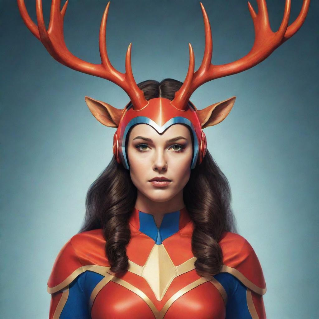 A medium length, futuristic illustration of a female superhero wearing a vivid costume, sporting majestic deer and moose antlers on her head. She emanates an aura of powerful resilience and mystique