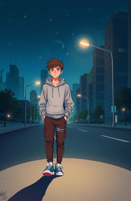 A 2D art illustration of a teenage boy walking down a deserted city road at night