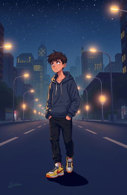 A 2D art illustration of a teenage boy walking down a deserted city road at night