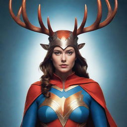 A medium length, futuristic illustration of a female superhero wearing a vivid costume, sporting majestic deer and moose antlers on her head. She emanates an aura of powerful resilience and mystique