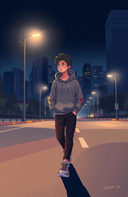 A 2D art illustration of a teenage boy walking down a deserted city road at night