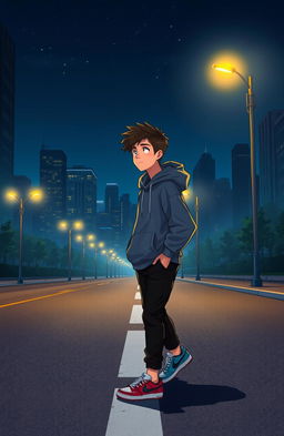 A 2D art illustration of a teenage boy walking down a deserted city road at night