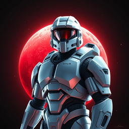 A detailed depiction of a white Spartan soldier from the Halo universe, standing confidently with a red planet looming large in the background
