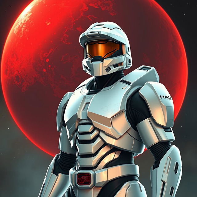 A detailed depiction of a white Spartan soldier from the Halo universe, standing confidently with a red planet looming large in the background