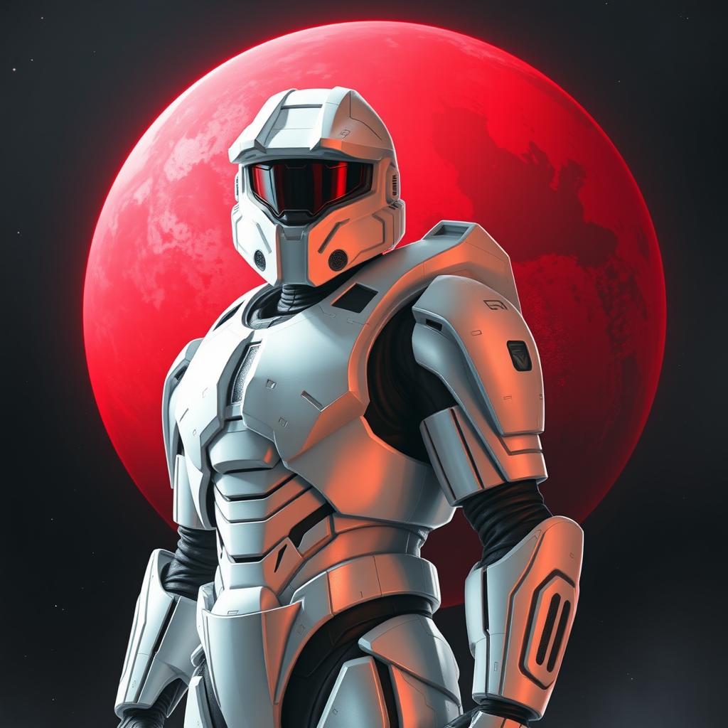 A detailed depiction of a white Spartan soldier from the Halo universe, standing confidently with a red planet looming large in the background