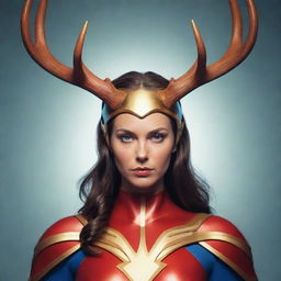 A medium length, futuristic illustration of a female superhero wearing a vivid costume, sporting majestic deer and moose antlers on her head. She emanates an aura of powerful resilience and mystique