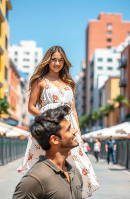 A woman standing confidently in a vibrant urban setting, wearing a stylish summer dress that flows gently with the breeze