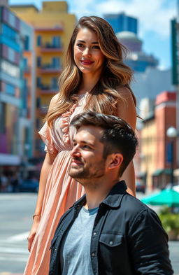 A woman standing confidently in a vibrant urban setting, wearing a stylish summer dress that flows gently with the breeze