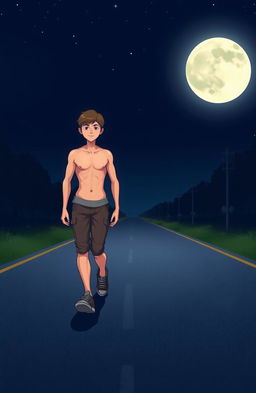 A 2D art style depiction of an anatomically correct teenage boy confidently walking down the center of an empty road at night