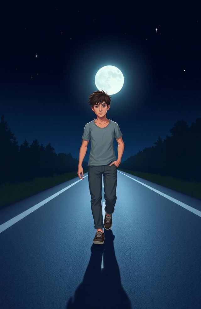 A 2D art style depiction of an anatomically correct teenage boy confidently walking down the center of an empty road at night