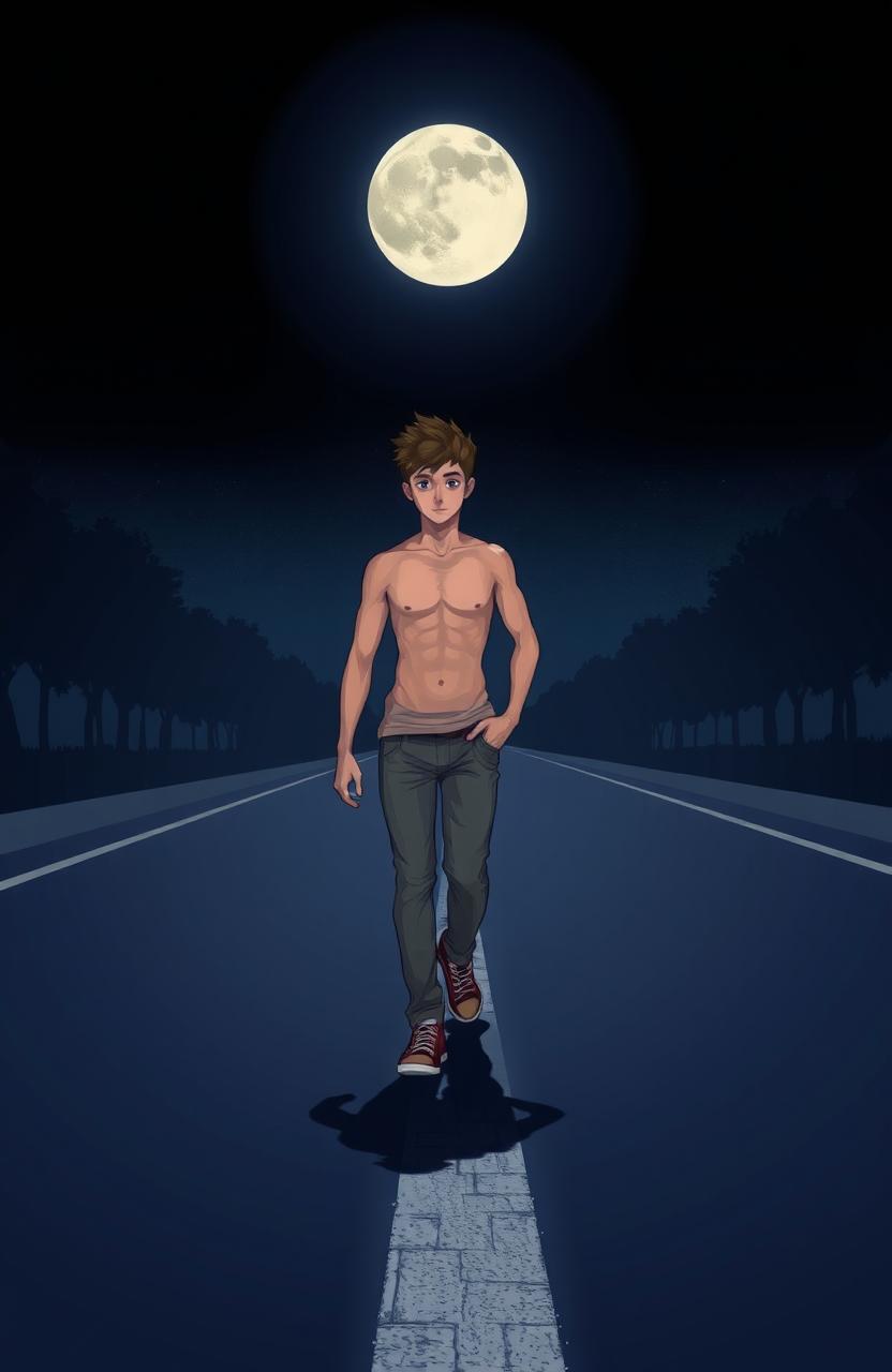 A 2D art style depiction of an anatomically correct teenage boy confidently walking down the center of an empty road at night