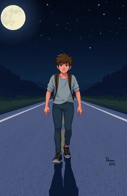 A 2D art style depiction of an anatomically correct teenage boy confidently walking down the center of an empty road at night