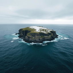 A small, cold island situated in the middle of a vast ocean, surrounded by waves gently crashing against rocky shores