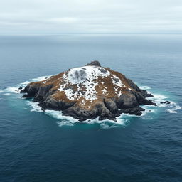 A small, cold island situated in the middle of a vast ocean, surrounded by waves gently crashing against rocky shores