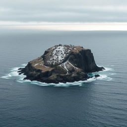 A small, cold island situated in the middle of a vast ocean, surrounded by waves gently crashing against rocky shores