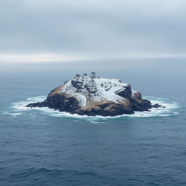 A small, cold island situated in the middle of a vast ocean, surrounded by waves gently crashing against rocky shores