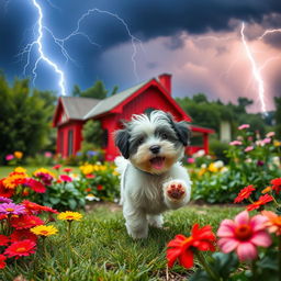 A vibrant summer garden scene featuring a playful white and black Havanese puppy, joyfully prancing around colorful flowers