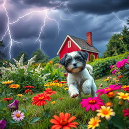 A vibrant summer garden scene featuring a playful white and black Havanese puppy, joyfully prancing around colorful flowers