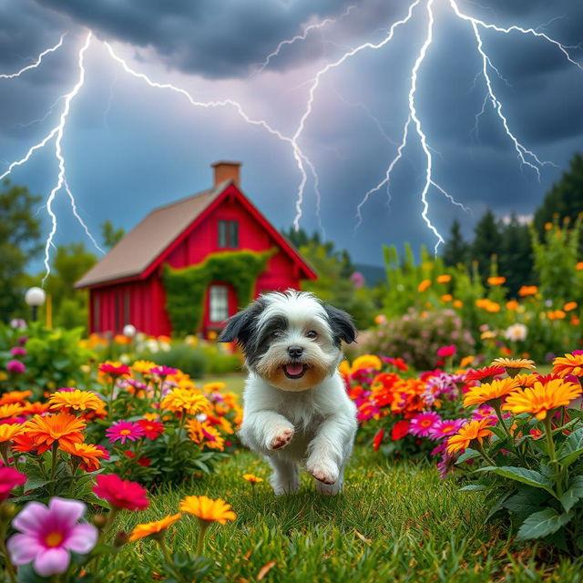 A vibrant summer garden scene featuring a playful white and black Havanese puppy, joyfully prancing around colorful flowers