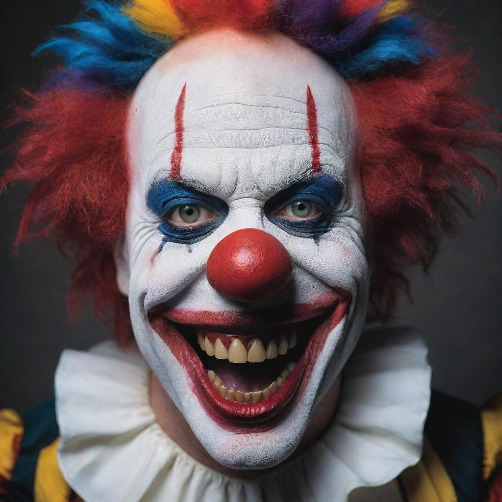 An intensely terrifying clown, with exaggerated features, sinister makeup, vibrant, contrasting colours and an unsettling grin.