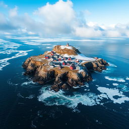 A small, cold island in the middle of a vast ocean, adorned with a cluster of charming houses built close together