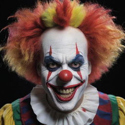 An intensely terrifying clown, with exaggerated features, sinister makeup, vibrant, contrasting colours and an unsettling grin.