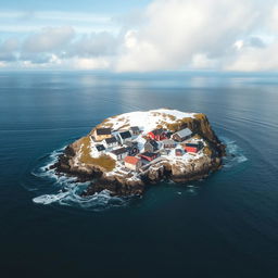 A small, cold island in the middle of a vast ocean, adorned with a cluster of charming houses built close together
