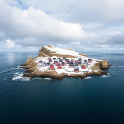 A small, cold island in the middle of a vast ocean, adorned with a cluster of charming houses built close together