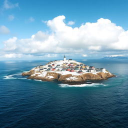 A small, cold island in the middle of a vast ocean, adorned with a cluster of charming houses built close together