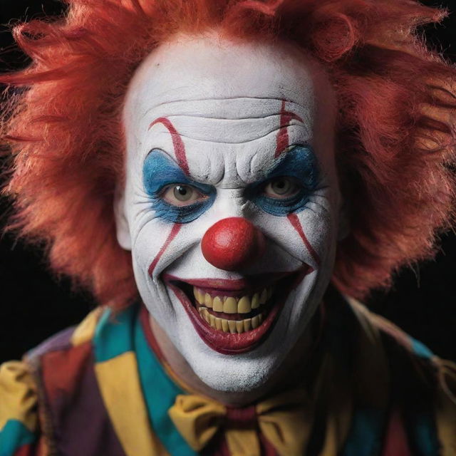 An intensely terrifying clown, with exaggerated features, sinister makeup, vibrant, contrasting colours and an unsettling grin.