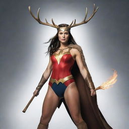 An illustrative representation of a powerful female superhero clad in an electrifying costume, she has a blend of deer and moose antlers on her head, wielding an extraordinarily long stick weapon, symbolizing strength and courage