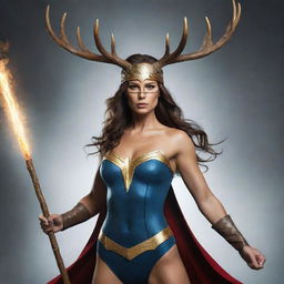 An illustrative representation of a powerful female superhero clad in an electrifying costume, she has a blend of deer and moose antlers on her head, wielding an extraordinarily long stick weapon, symbolizing strength and courage