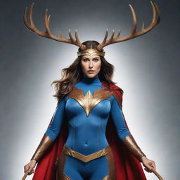 An illustrative representation of a powerful female superhero clad in an electrifying costume, she has a blend of deer and moose antlers on her head, wielding an extraordinarily long stick weapon, symbolizing strength and courage