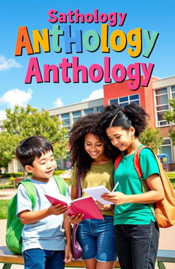 A captivating cover for an anthology school book, featuring a diverse group of students engaged in various academic activities