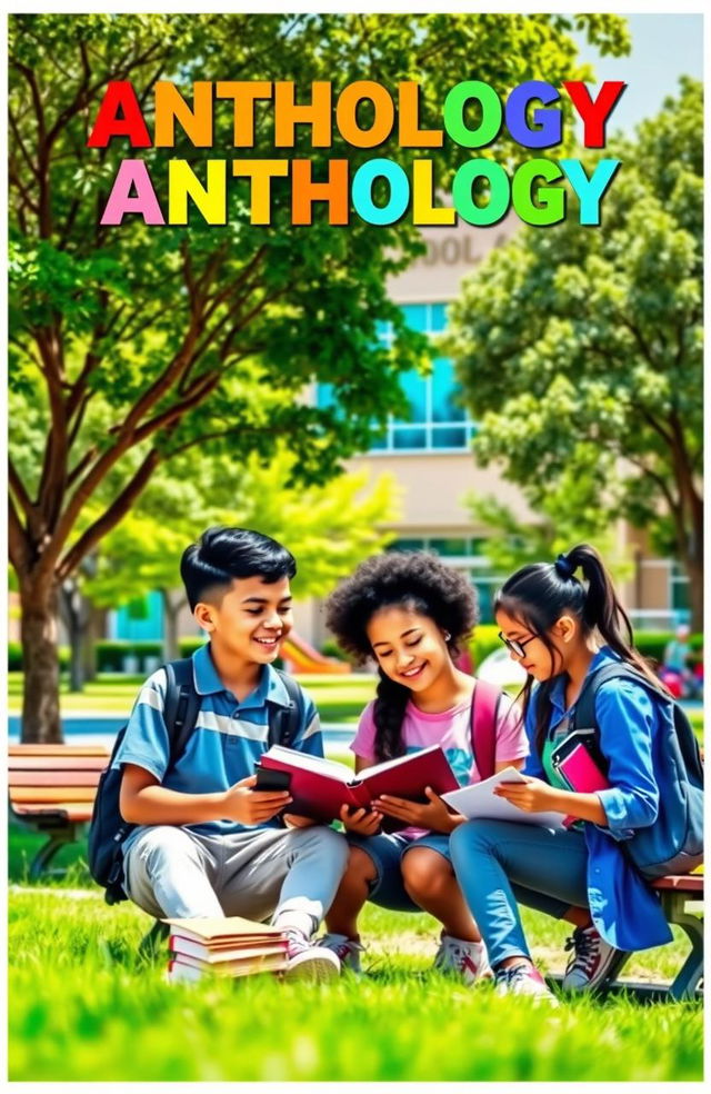 A captivating cover for an anthology school book, featuring a diverse group of students engaged in various academic activities