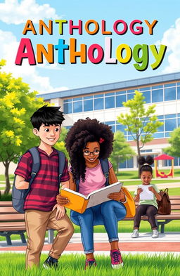 A captivating cover for an anthology school book, featuring a diverse group of students engaged in various academic activities
