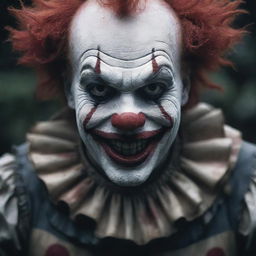 A frightening clown, with terrifying features, abnormal proportions, face painted in ominous tones, and the environment accentuating the horror aspect.