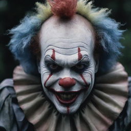 A frightening clown, with terrifying features, abnormal proportions, face painted in ominous tones, and the environment accentuating the horror aspect.