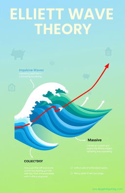 A conceptual illustration of Elliott Wave Theory, featuring a dynamic and colorful chart with clear, labeled waves and trends