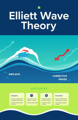 A conceptual illustration of Elliott Wave Theory, featuring a dynamic and colorful chart with clear, labeled waves and trends
