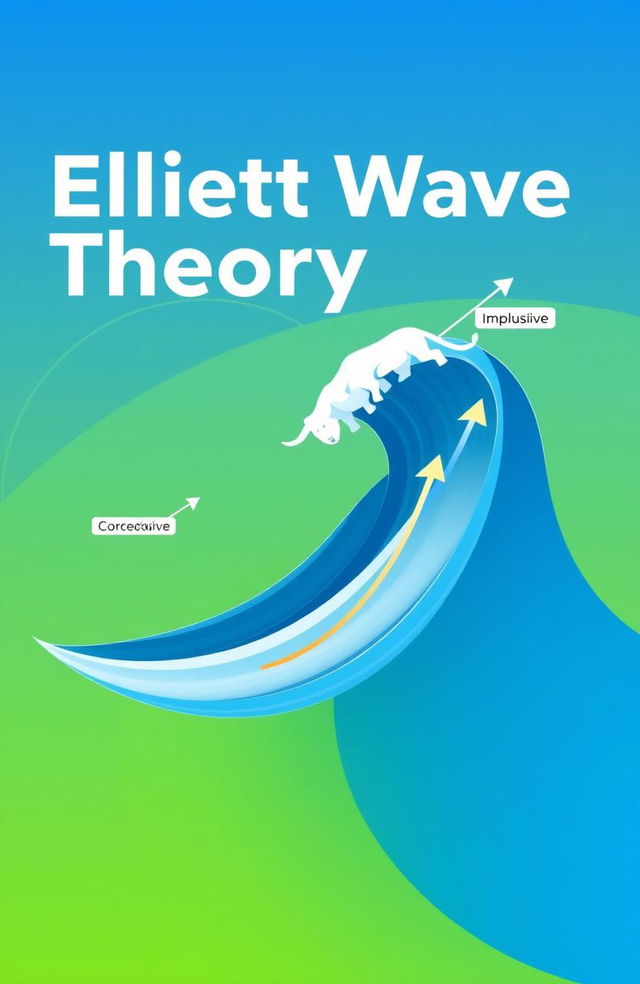 A conceptual illustration of Elliott Wave Theory, featuring a dynamic and colorful chart with clear, labeled waves and trends