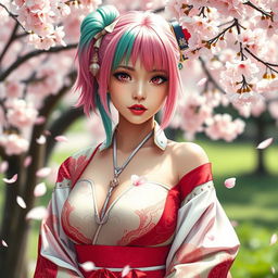 A beautiful, sexy woman inspired by Mitsuri Kanroji from the anime 'Demon Slayer', showcasing her unique features such as bright pink and green hair styled in her iconic look