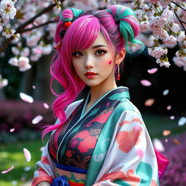 A beautiful, sexy woman inspired by Mitsuri Kanroji from the anime 'Demon Slayer', showcasing her unique features such as bright pink and green hair styled in her iconic look