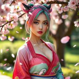 A beautiful, sexy woman inspired by Mitsuri Kanroji from the anime 'Demon Slayer', showcasing her unique features such as bright pink and green hair styled in her iconic look
