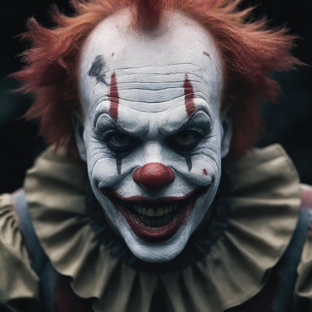 A frightening clown, with terrifying features, abnormal proportions, face painted in ominous tones, and the environment accentuating the horror aspect.