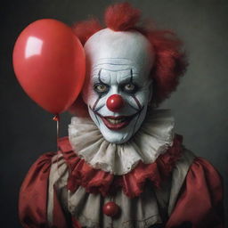 An unsettling clown, festooned with harrowing features, abnormal proportions and face artistically adorned in creepy tones, ominously holding a vibrant red balloon.