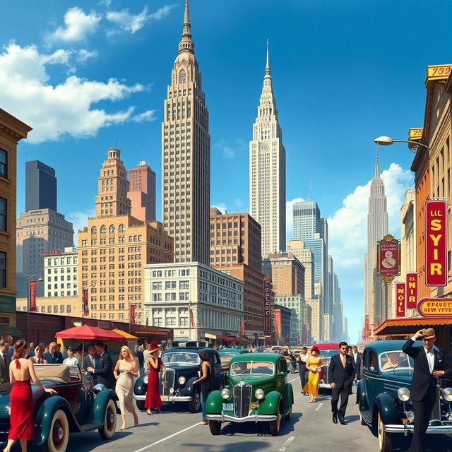 A detailed depiction of 1930s New York City, featuring a lively urban street filled with classic vintage cars and elegantly dressed people in period attire, including flapper dresses and tailored suits